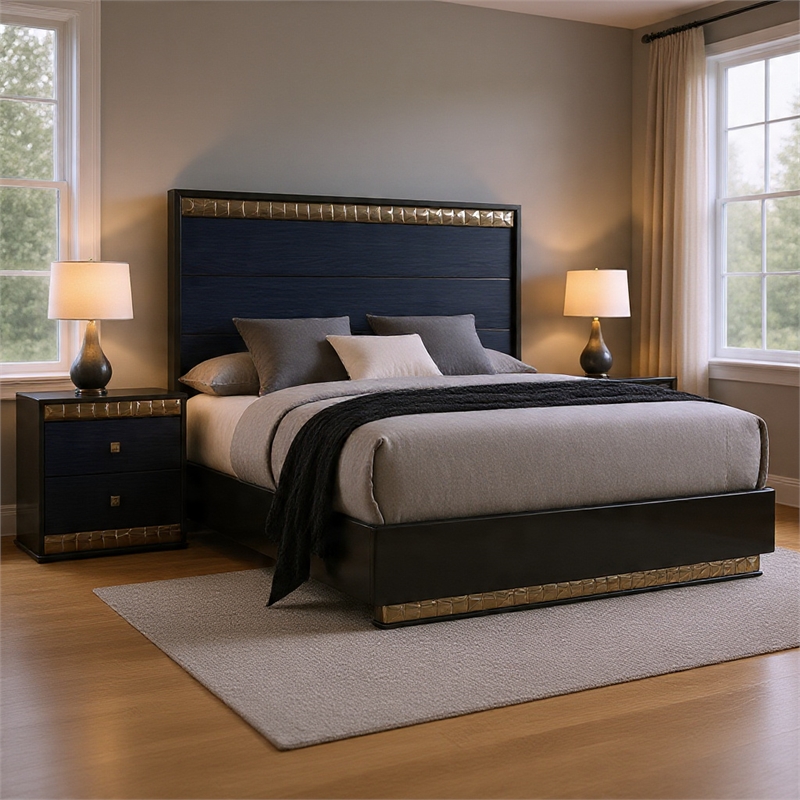 Queen Bedroom Set- Ash Gray- Indigo Blue-Wood- 2 Piece Set with Nightstand