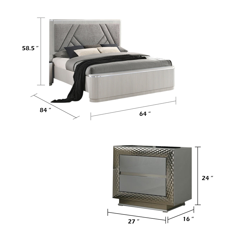 Queen Bedroom Set- Gray- Silver Wood- 2 Piece Set with Nightstand