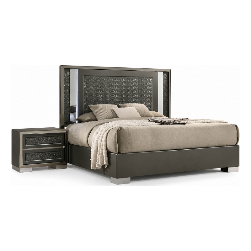 Queen Bedroom Set- White- Gray Wood- 2 Piece Set with Nightstand