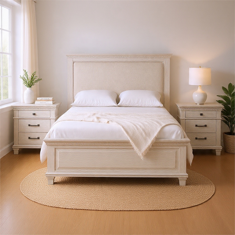 Queen Bedroom Set- Gray- Cream Wood- 3 Piece Set with 2 Nightstands