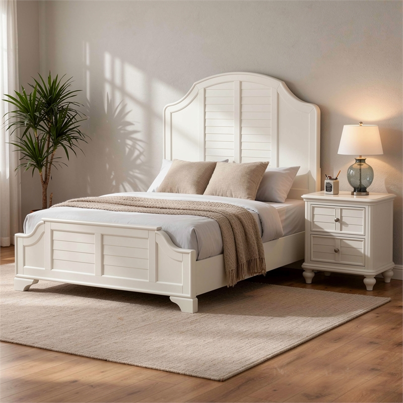 Queen Bedroom Set- White Wood- 2 Piece Set with Nightstand