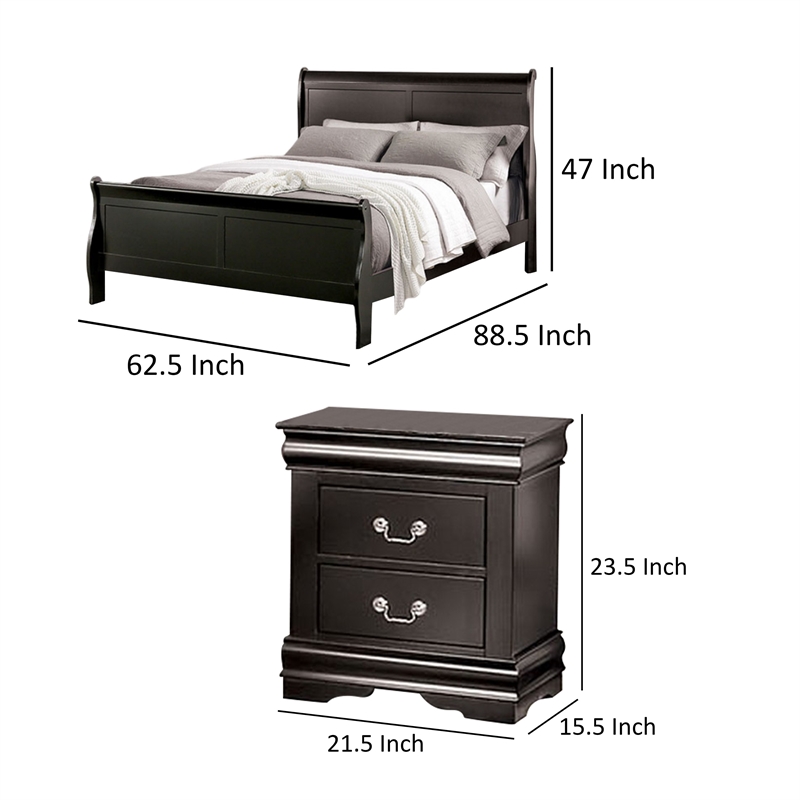 Queen Bedroom Set- Black- Nickel Wood- 2 Piece Set with Nightstand