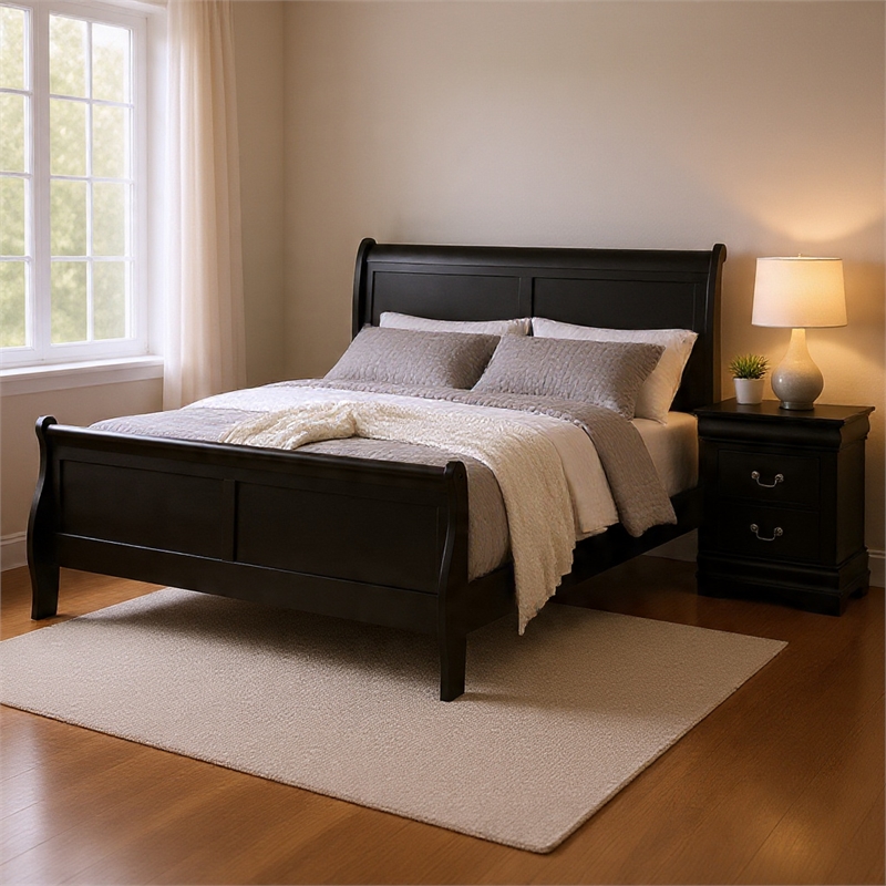 Queen Bedroom Set- Black- Nickel Wood- 2 Piece Set with Nightstand