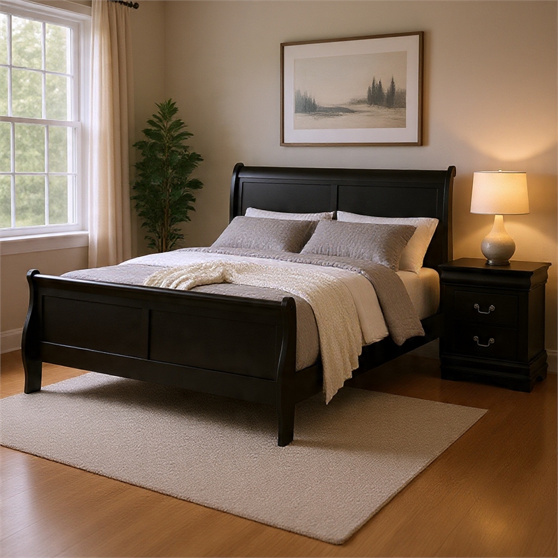 Queen Bedroom Set- Black- Nickel Wood- 2 Piece Set with Nightstand