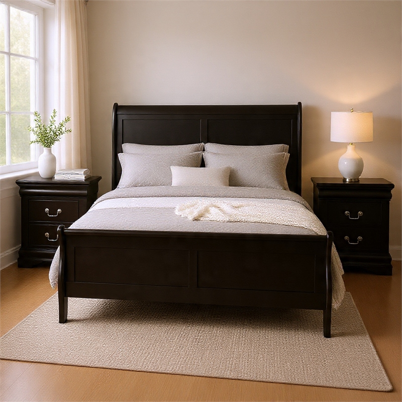 Queen Bedroom Set- Black- Nickel Wood- 3 Piece Set with 2 Nightstands