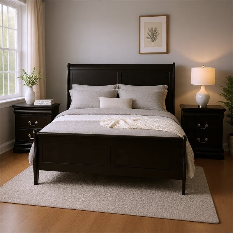 Queen Bedroom Set- Black- Nickel Wood- 3 Piece Set with 2 Nightstands