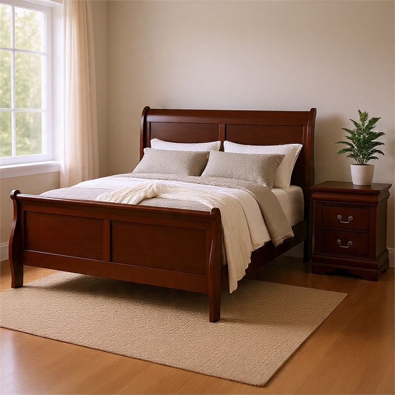 Queen Bedroom Set- Cherry Brown- Bronze Wood- 2 Piece Set with Nightstand