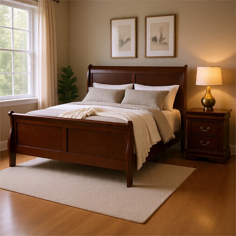 Queen Bedroom Set- Cherry Brown- Bronze Wood- 2 Piece Set with Nightstand