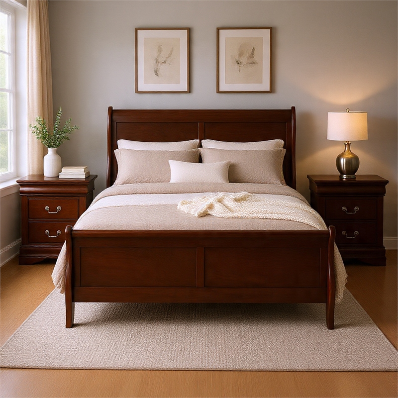 Queen Bedroom Set- Cherry Brown- Bronze Wood- 3 Piece Set with 2 Nightstands