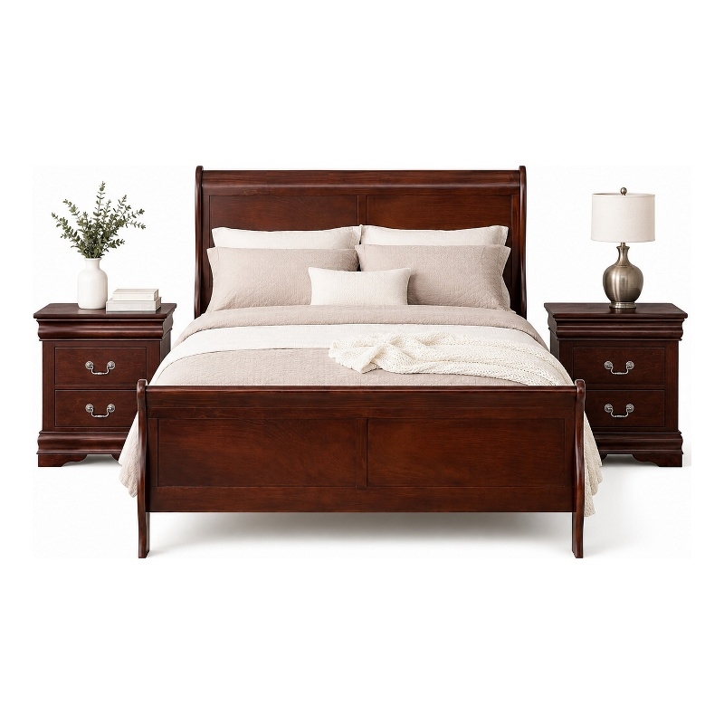 Queen Bedroom Set- Cherry Brown- Bronze Wood- 3 Piece Set with 2 Nightstands