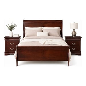 Queen Bedroom Set- Cherry Brown- Bronze Wood- 3 Piece Set with 2 Nightstands