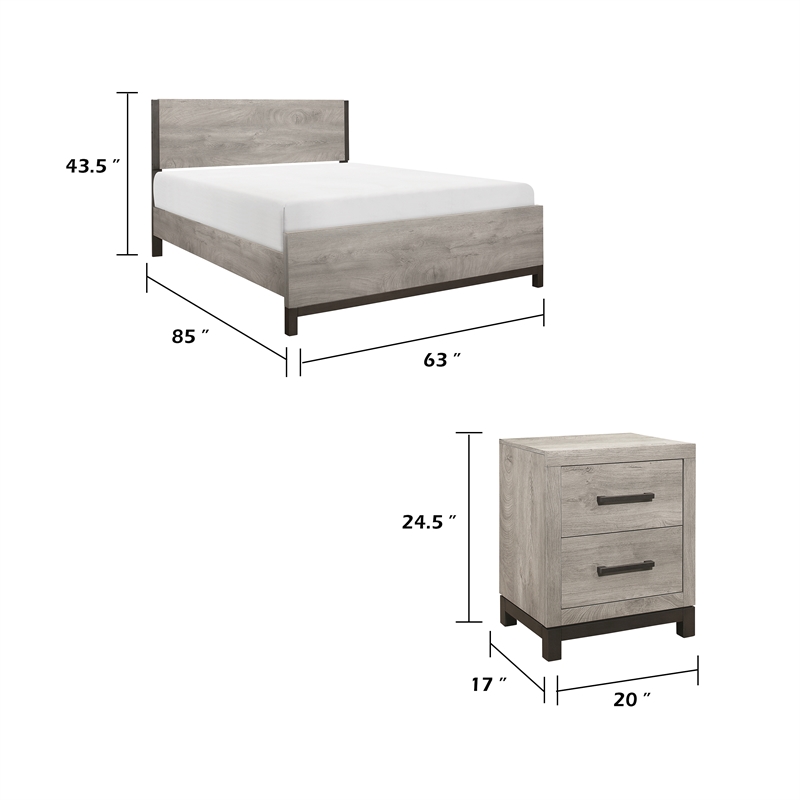 Queen Bedroom Set- Gray Wood- 3 Piece Set with 2 Nightstands
