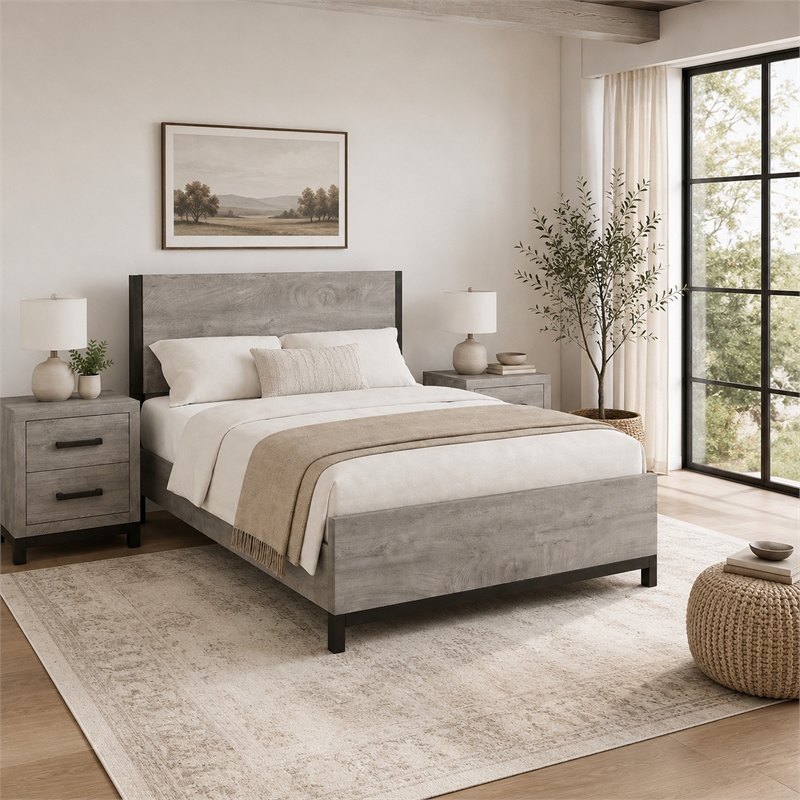 Queen Bedroom Set- Gray Wood- 3 Piece Set with 2 Nightstands