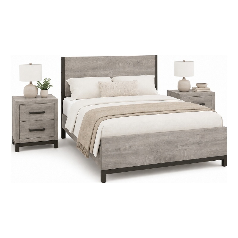 Queen Bedroom Set- Gray Wood- 3 Piece Set with 2 Nightstands
