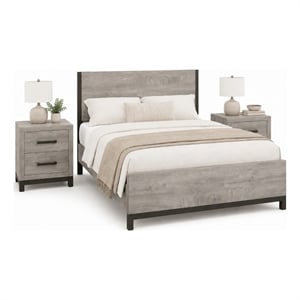 Queen Bedroom Set- Gray Wood- 3 Piece Set with 2 Nightstands