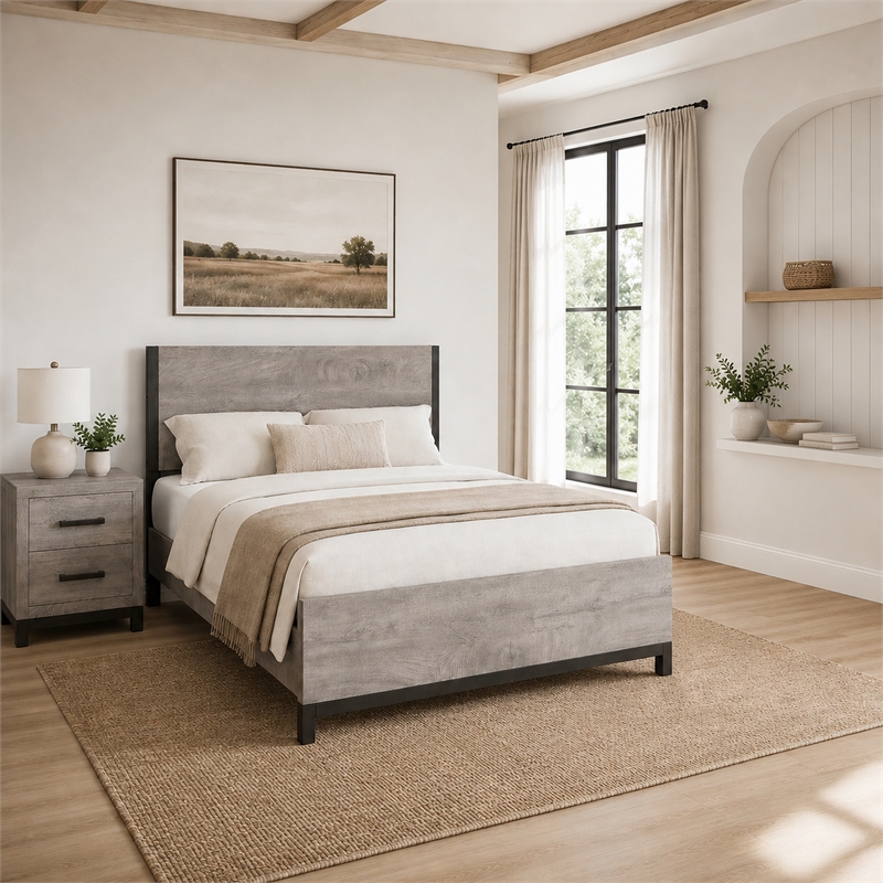 Queen Bedroom Set- Gray Wood- 2 Piece Set with Nightstand