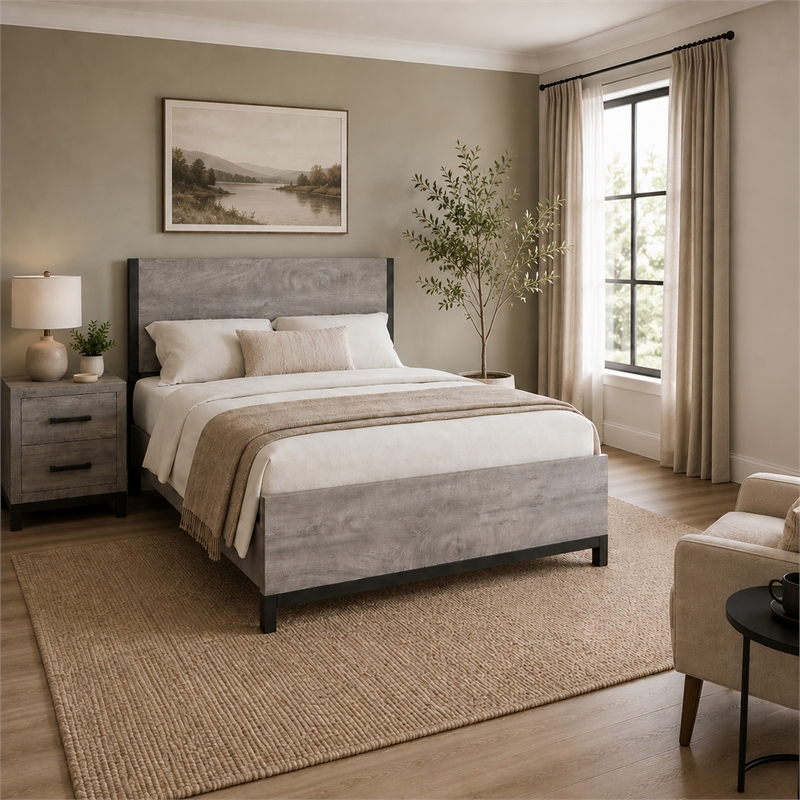 Queen Bedroom Set- Gray Wood- 2 Piece Set with Nightstand