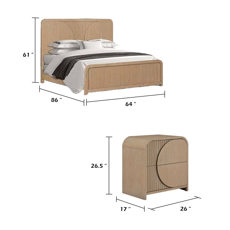 Queen Bedroom Set- Natural Brown Wood- 2 Piece Set with Nightstand