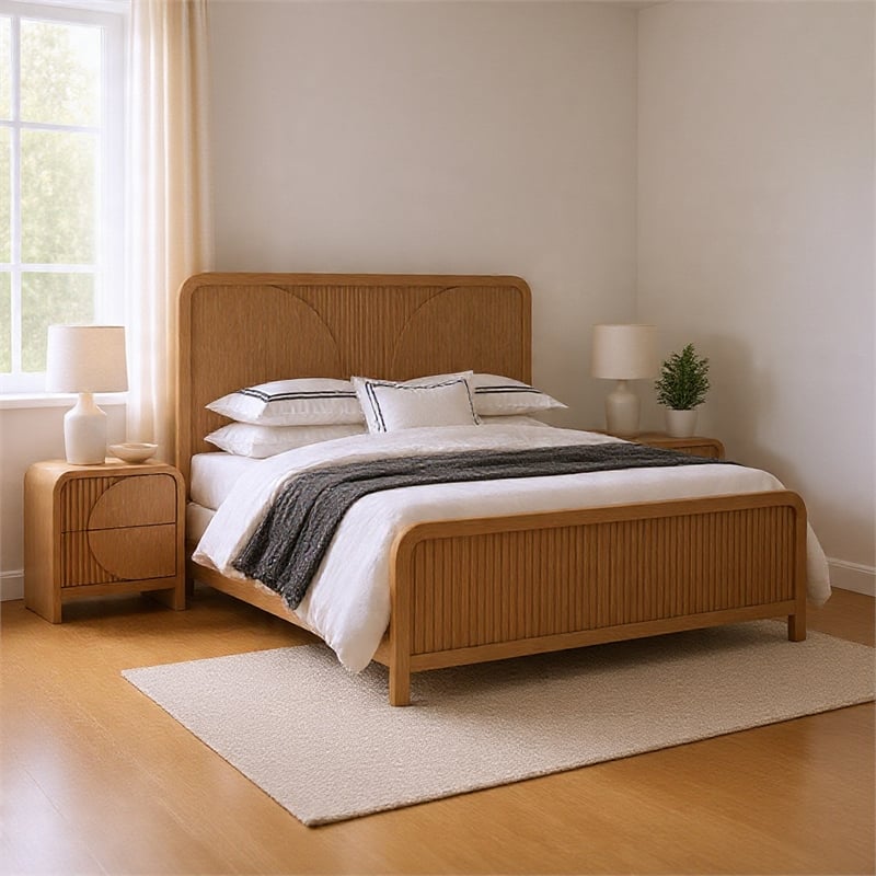 Queen Bedroom Set- Natural Brown Wood- 2 Piece Set with Nightstand