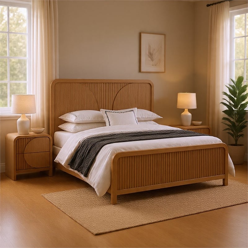 Queen Bedroom Set- Natural Brown Wood- 2 Piece Set with Nightstand