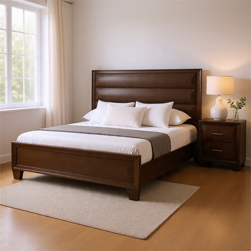 Queen Bedroom Set- Espresso Brown- Gold Wood- 2 Piece Set with Nightstand