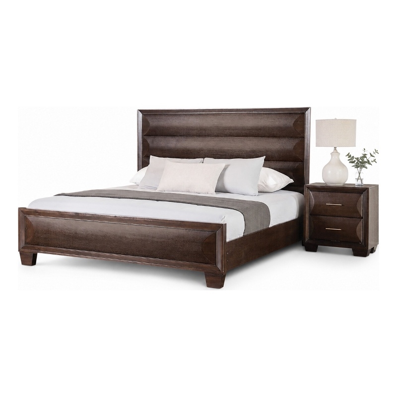 Queen Bedroom Set- Espresso Brown- Gold Wood- 2 Piece Set with Nightstand