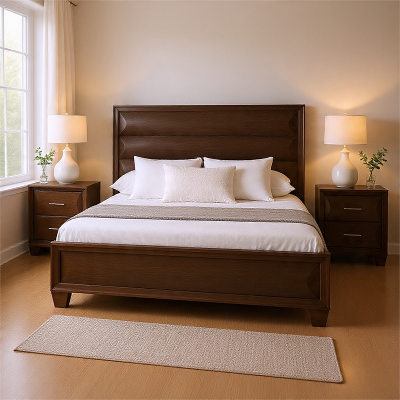 Queen Bedroom Set- Espresso Brown- Gold Wood- 3 Piece Set with 2 Nightstands