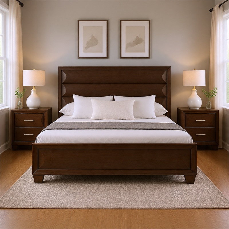 Queen Bedroom Set- Espresso Brown- Gold Wood- 3 Piece Set with 2 Nightstands