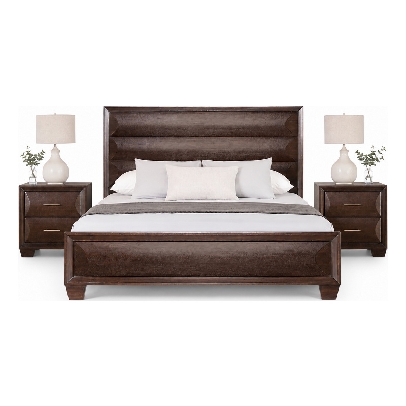 Queen Bedroom Set- Espresso Brown- Gold Wood- 3 Piece Set with 2 Nightstands