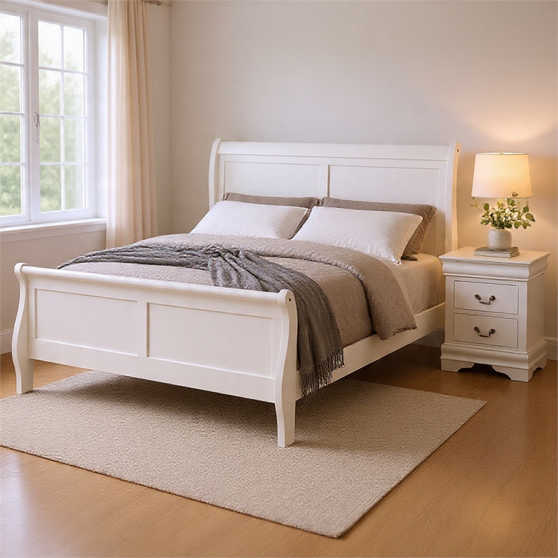 Queen Bedroom Set- White- Nickel Wood- 2 Piece Set with Nightstand