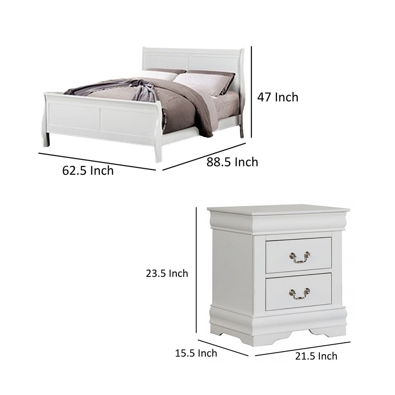Queen Bedroom Set- White- Nickel Wood- 3 Piece Set with 2 Nightstands
