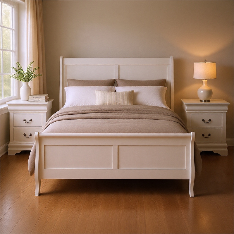 Queen Bedroom Set- White- Nickel Wood- 3 Piece Set with 2 Nightstands