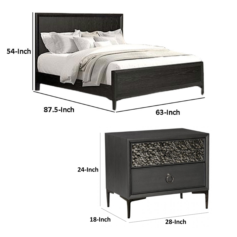 Queen Bedroom Set- Espresso Brown- Silver-Black Wood-2 Piece Set with Nightstand