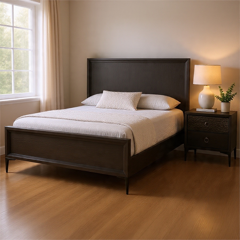 Queen Bedroom Set- Espresso Brown- Silver-Black Wood-2 Piece Set with Nightstand