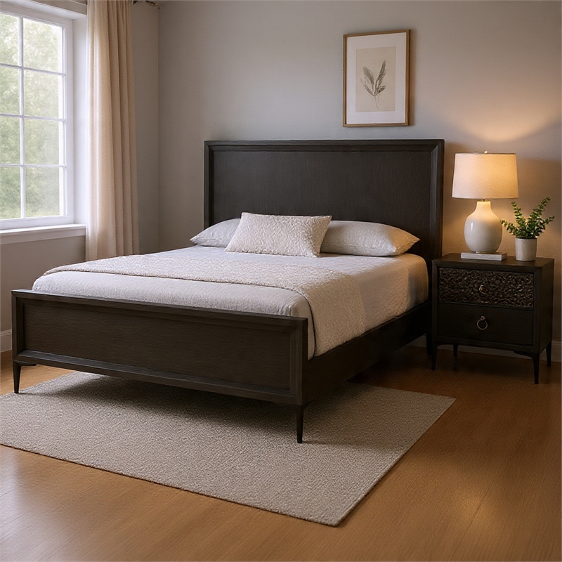 Queen Bedroom Set- Espresso Brown- Silver-Black Wood-2 Piece Set with Nightstand