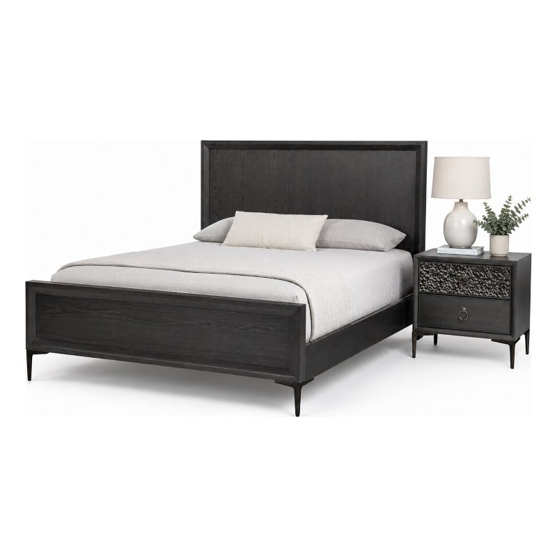 Queen Bedroom Set- Espresso Brown- Silver-Black Wood-2 Piece Set with Nightstand