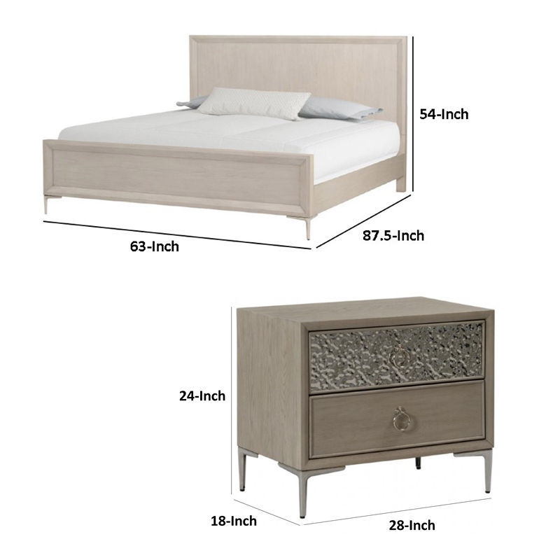 Queen Bedroom Set- Natural Oak Brown-Champagne Wood- 2 Piece Set with Nightstand