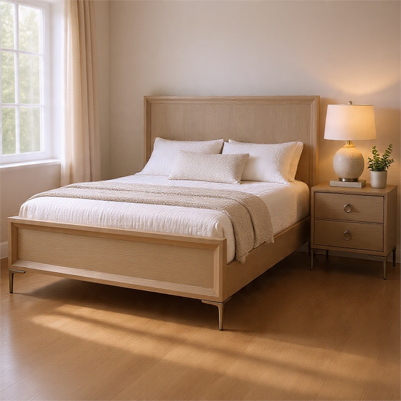 Queen Bedroom Set- Natural Oak Brown-Champagne Wood- 2 Piece Set with Nightstand