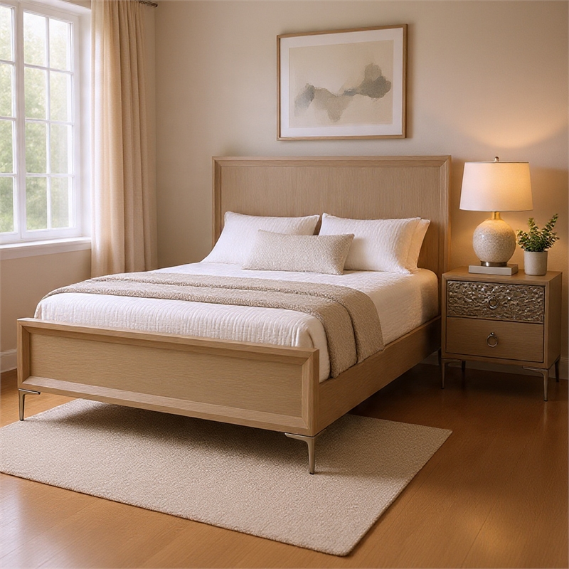 Queen Bedroom Set- Natural Oak Brown-Champagne Wood- 2 Piece Set with Nightstand