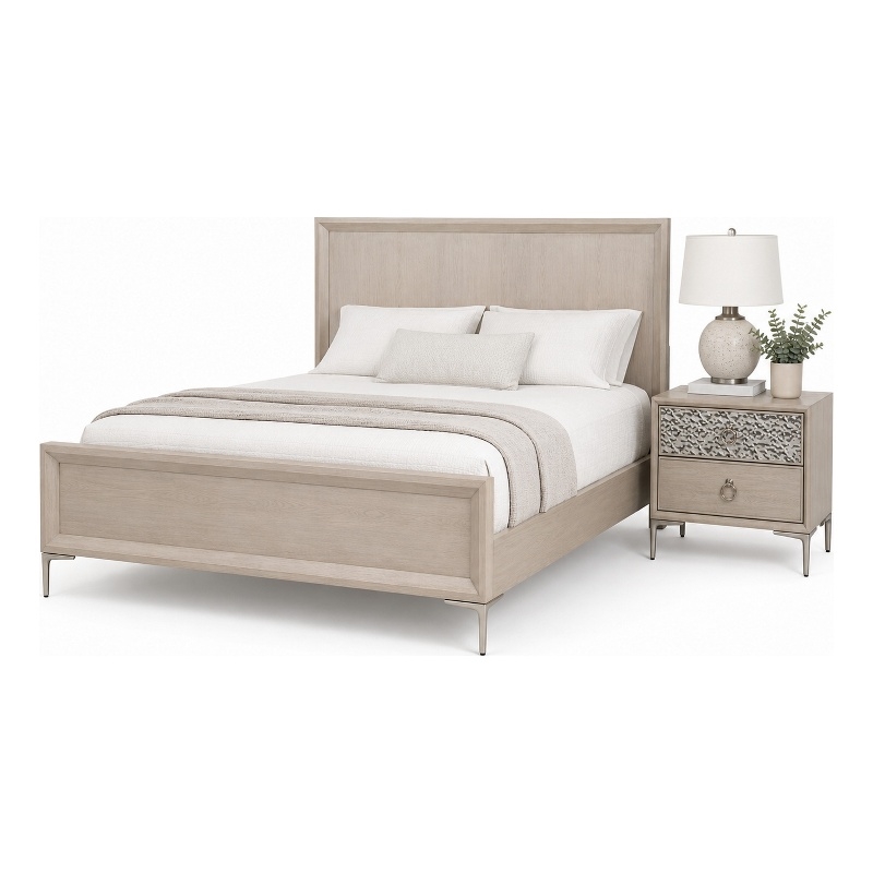 Queen Bedroom Set- Natural Oak Brown-Champagne Wood- 2 Piece Set with Nightstand