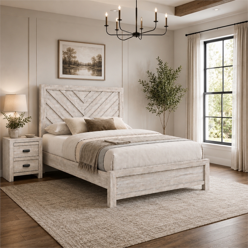 King Bedroom Set- Beige- Black Wood- 2 Piece Set with Nightstand
