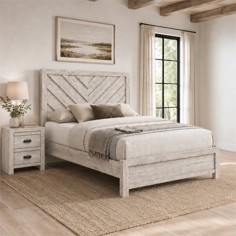 Queen Bedroom Set- Beige- Black Wood- 2 Piece Set with Nightstand