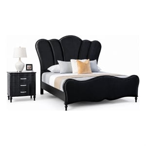 Queen Bedroom Set- Black- Chrome Wood- 2 Piece Set with Nightstand