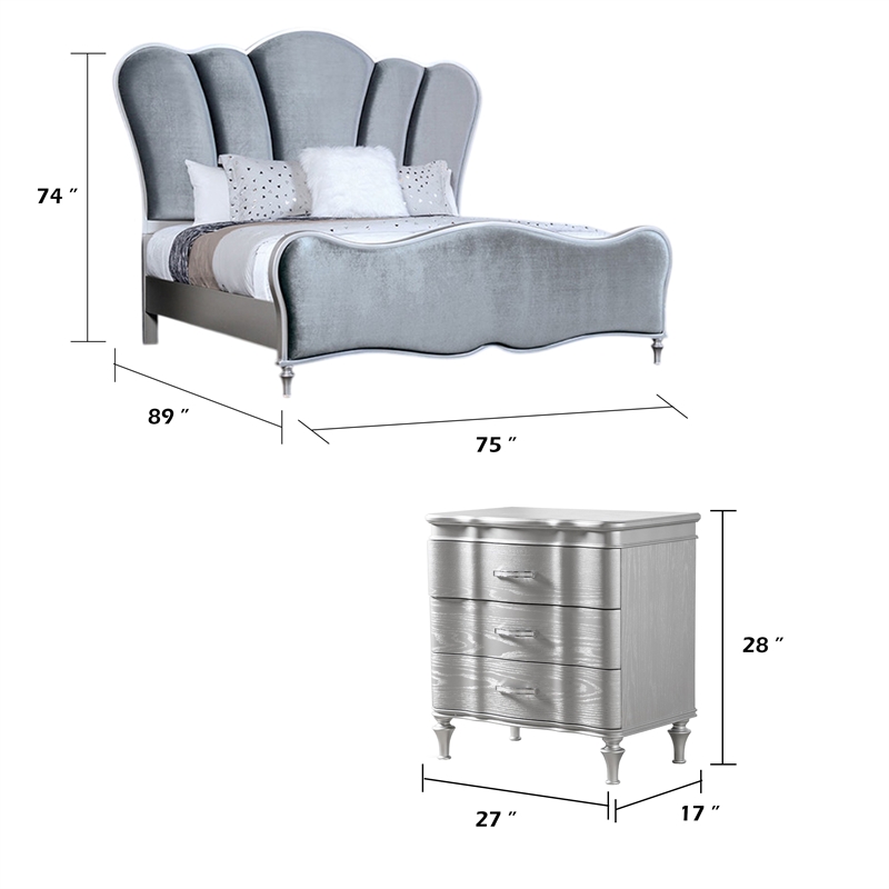 Queen Bedroom Set- Silver- Chrome Wood- 2 Piece Set with Nightstand