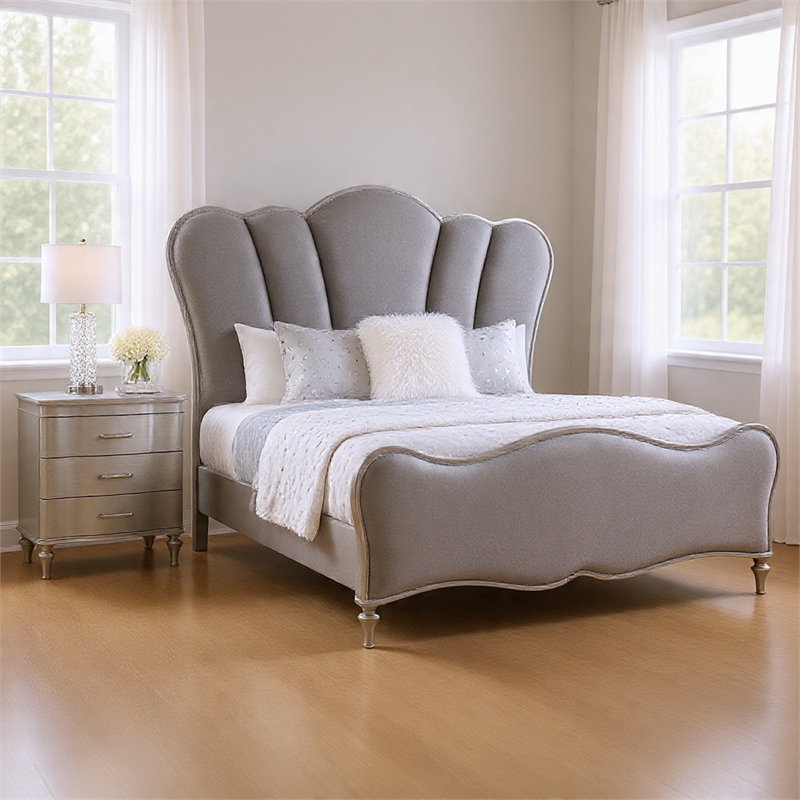Queen Bedroom Set- Silver- Chrome Wood- 2 Piece Set with Nightstand
