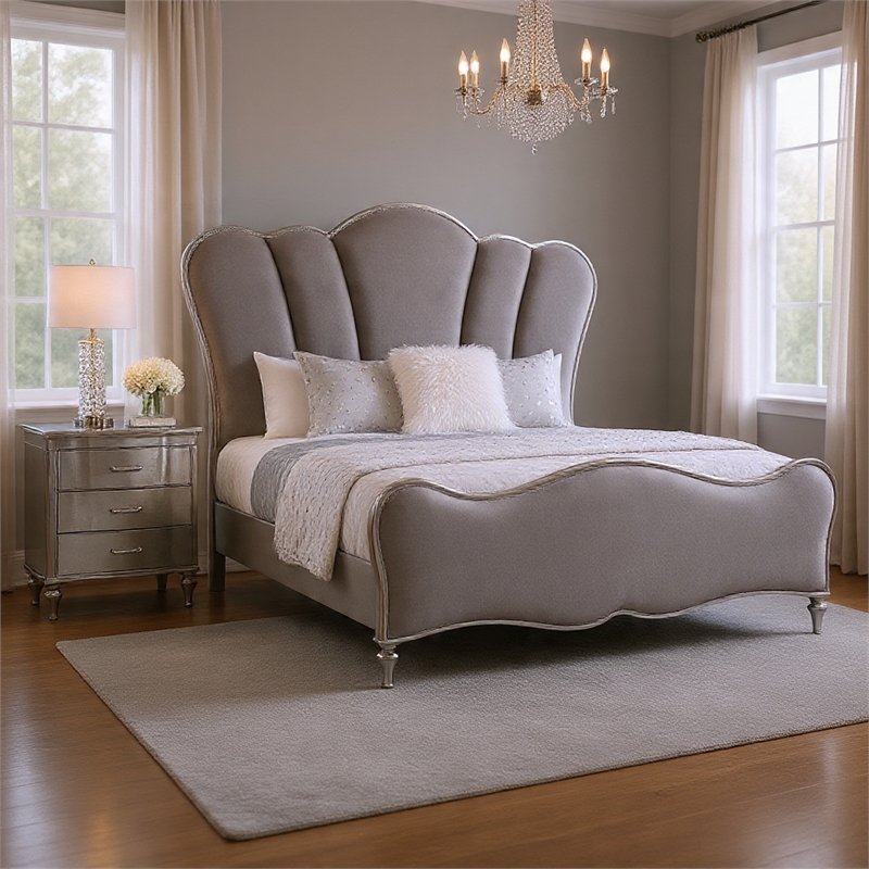 Queen Bedroom Set- Silver- Chrome Wood- 2 Piece Set with Nightstand