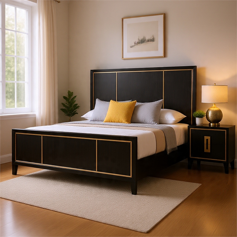 Queen Bedroom Set- Espresso Brown- Gold Wood- 2 Piece Set with Nightstand