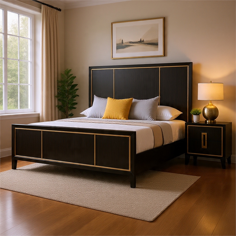 Queen Bedroom Set- Espresso Brown- Gold Wood- 2 Piece Set with Nightstand