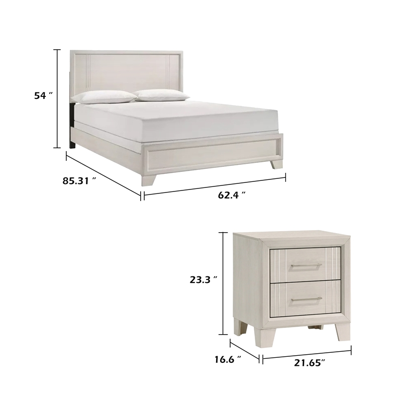 Queen Bedroom Set- White- Silver Wood- 2 Piece Set with Nightstand