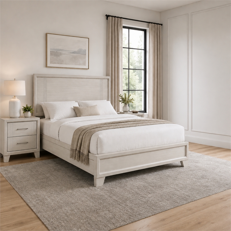 Queen Bedroom Set- White- Silver Wood- 2 Piece Set with Nightstand
